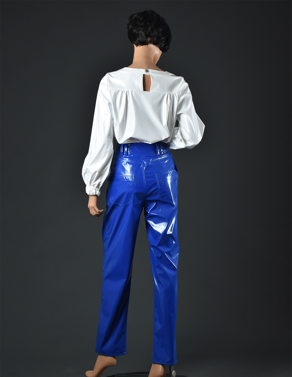 Blue vinyl pleated trousers for women